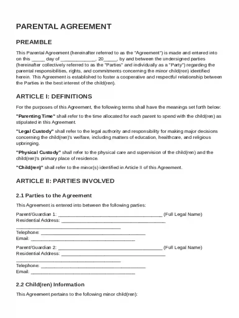 Parental Agreement Template Preview on Page 1