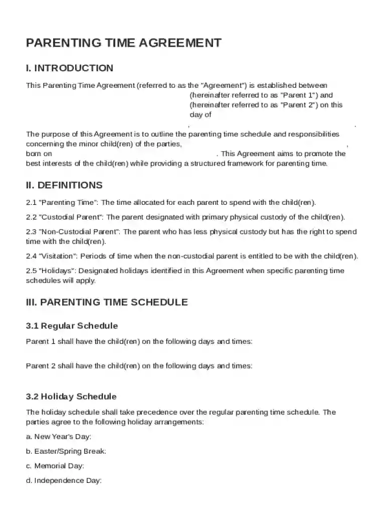 Parenting Time Agreement Template Preview on Page 1