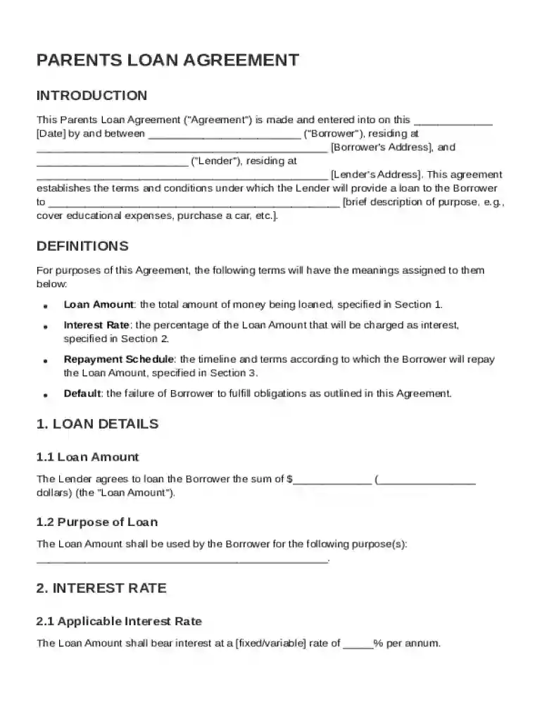 Parents Loan Agreement Template Preview on Page 1
