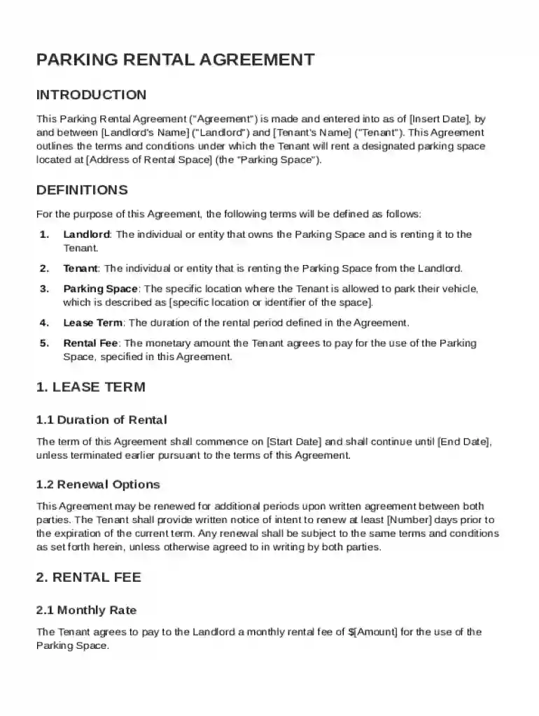 Parking Rental Agreement Template Preview on Page 1