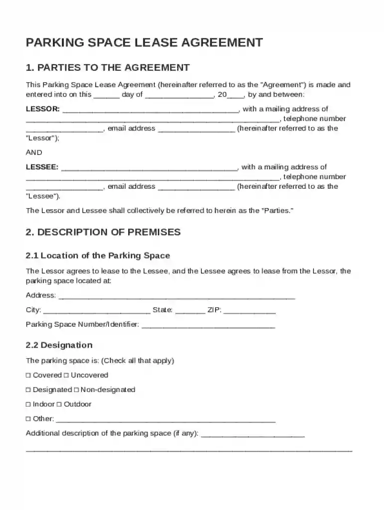 Parking Space Lease Agreement Template Preview on Page 1