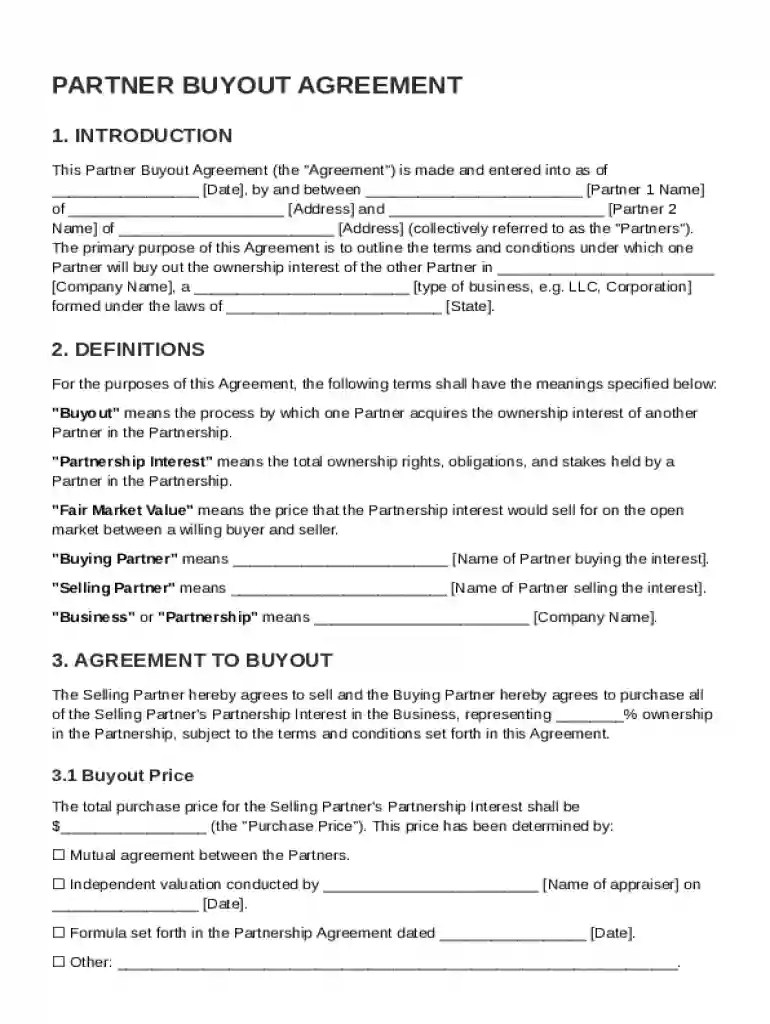 Partner Buyout Agreement Template Preview on Page 1