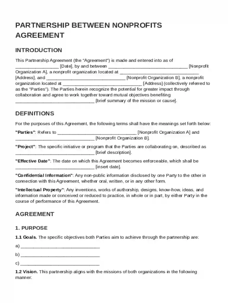 Partnership Between Nonprofits Agreement Template Preview on Page 1