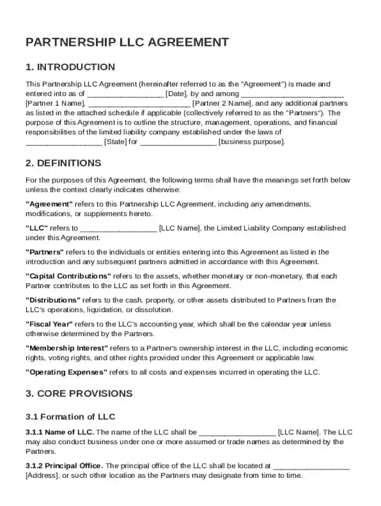 Partnership for LLC Agreement Template Preview on Page 1