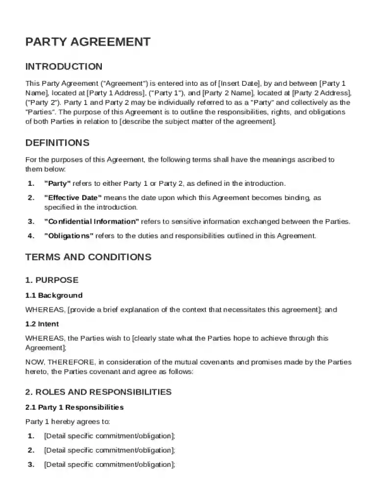 Party Agreement Template Preview on Page 1