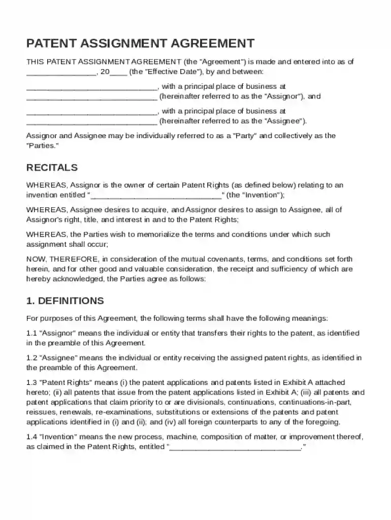 Patent Agreement Template Preview on Page 1