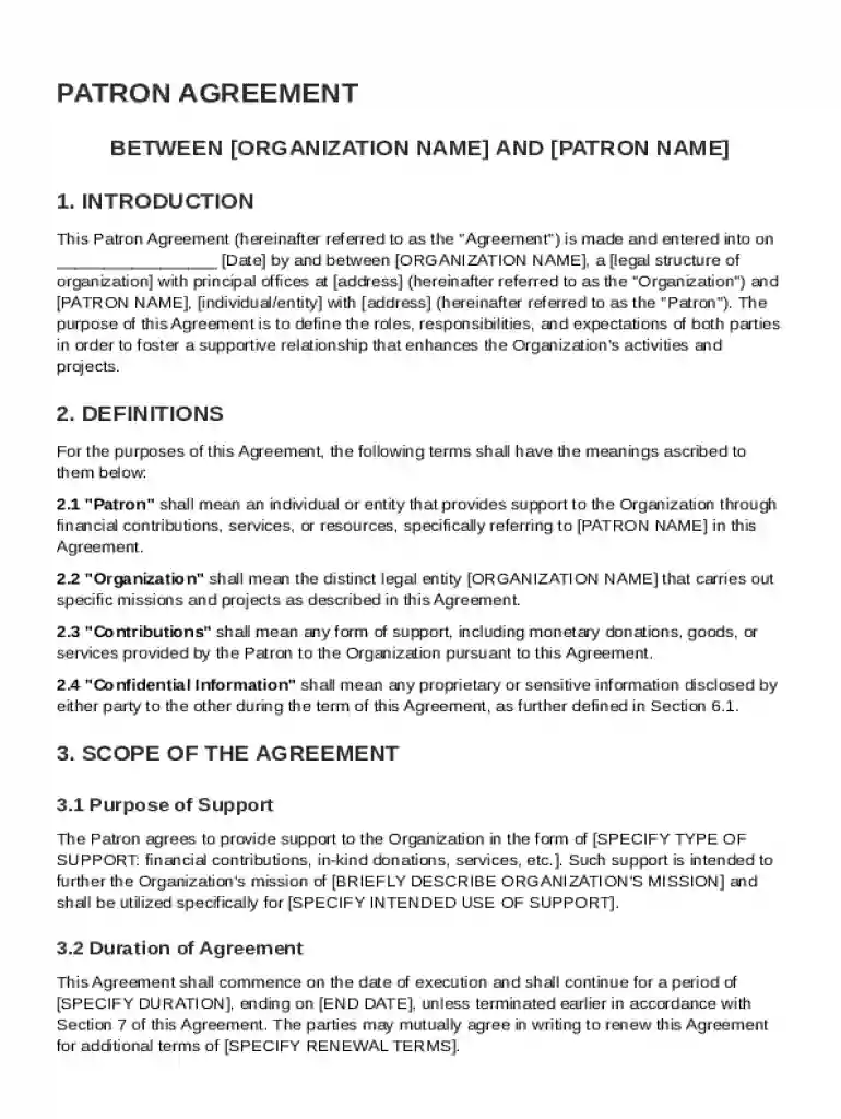 Patron Agreement Template Preview on Page 1