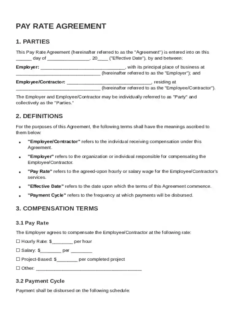 Pay Rate Agreement Template Preview on Page 1