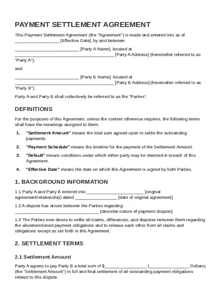 Payment Settlement Agreement Template Preview on Page 1