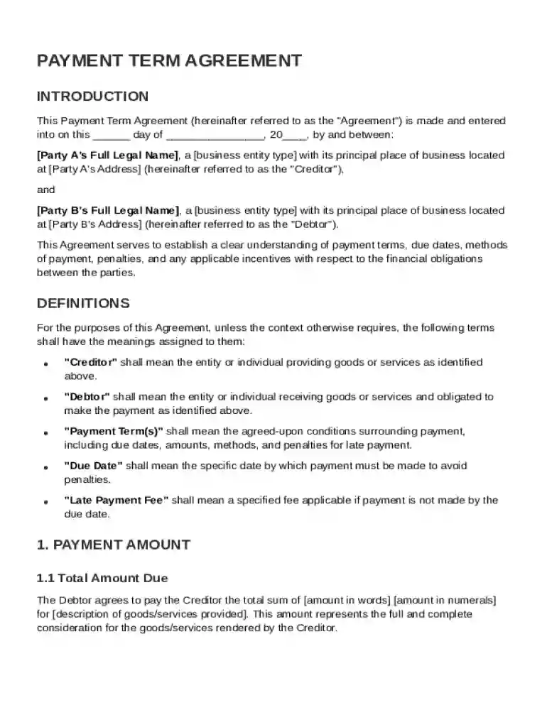 Payment Term Agreement Template Preview on Page 1