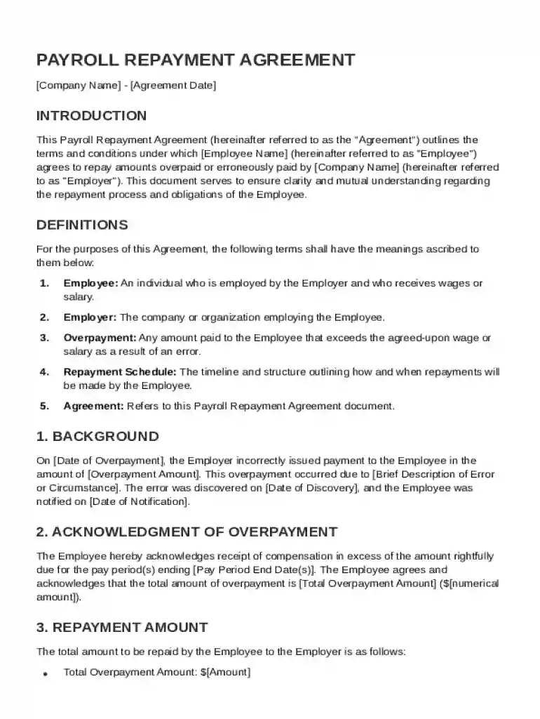 Payroll Repayment Agreement Template Preview on Page 1