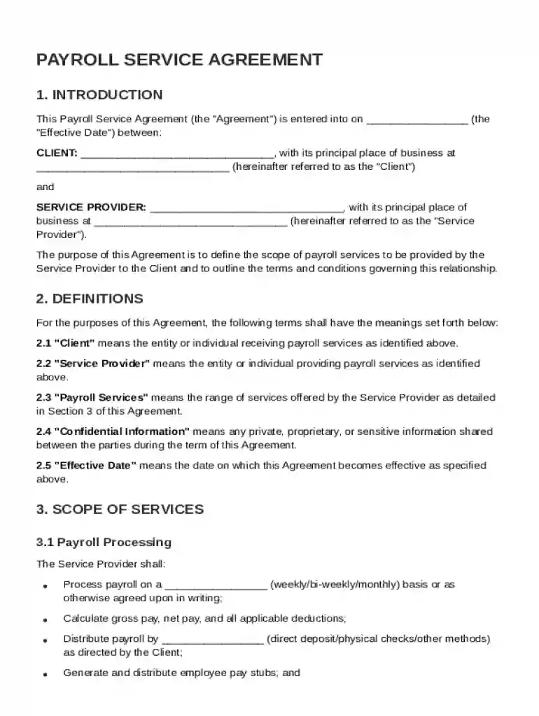 Payroll Service Agreement Template Preview on Page 1