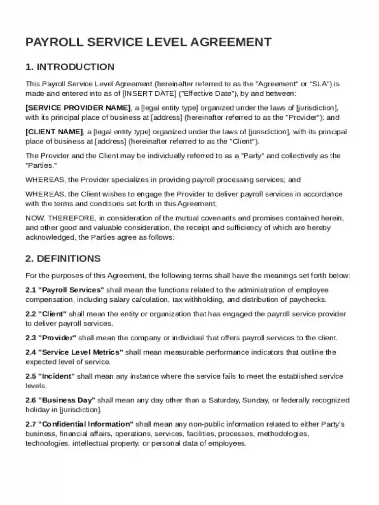 Payroll Service Level Agreement Template Preview on Page 1
