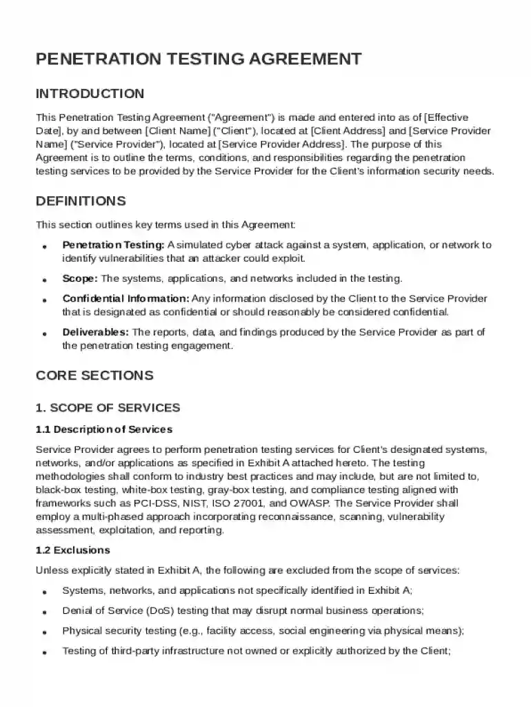 Penetration Testing Agreement Template Preview on Page 1
