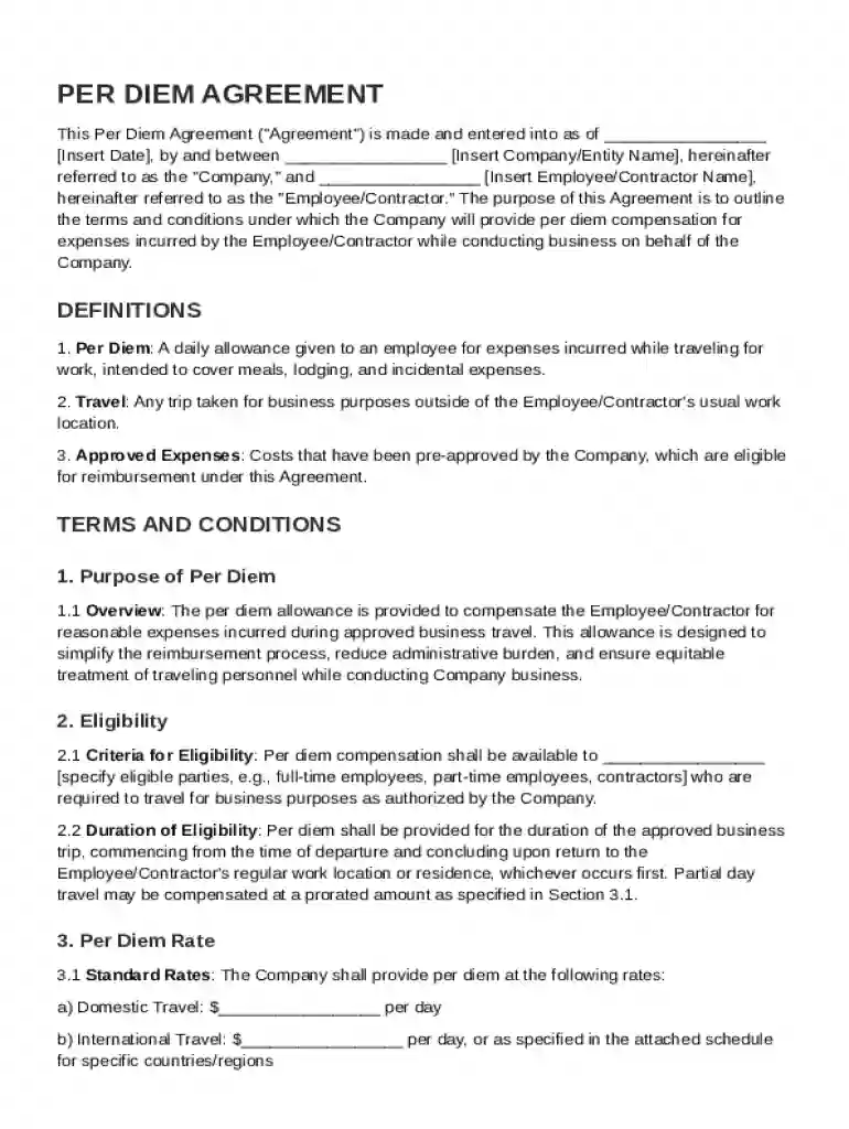 Per Diem Agreement Template Preview on Page 1