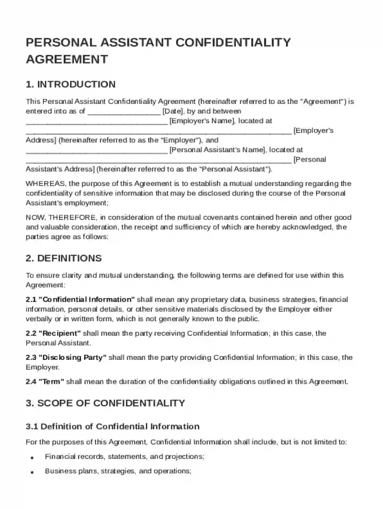 Personal Assistant Confidentiality Agreement Template Preview on Page 1