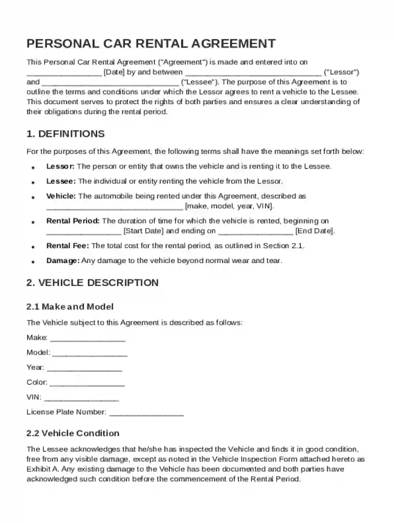Personal Car Rental Agreement Template Preview on Page 1