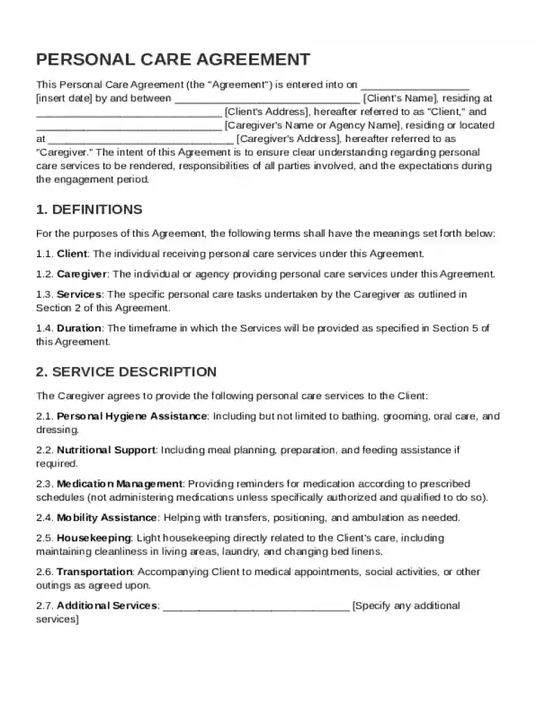 Personal Care Agreement Template Preview on Page 1