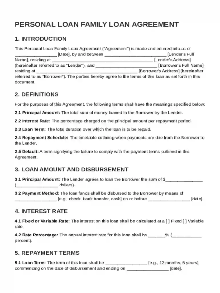 Personal Loan Family Loan Agreement Template Preview on Page 1