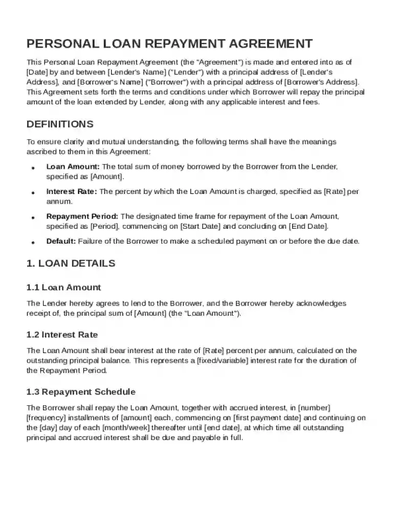 Personal Loan Repayment Agreement Template Preview on Page 1