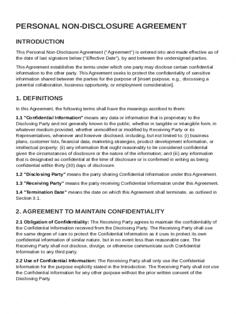 Personal Non Disclosure Agreement Template Preview on Page 1