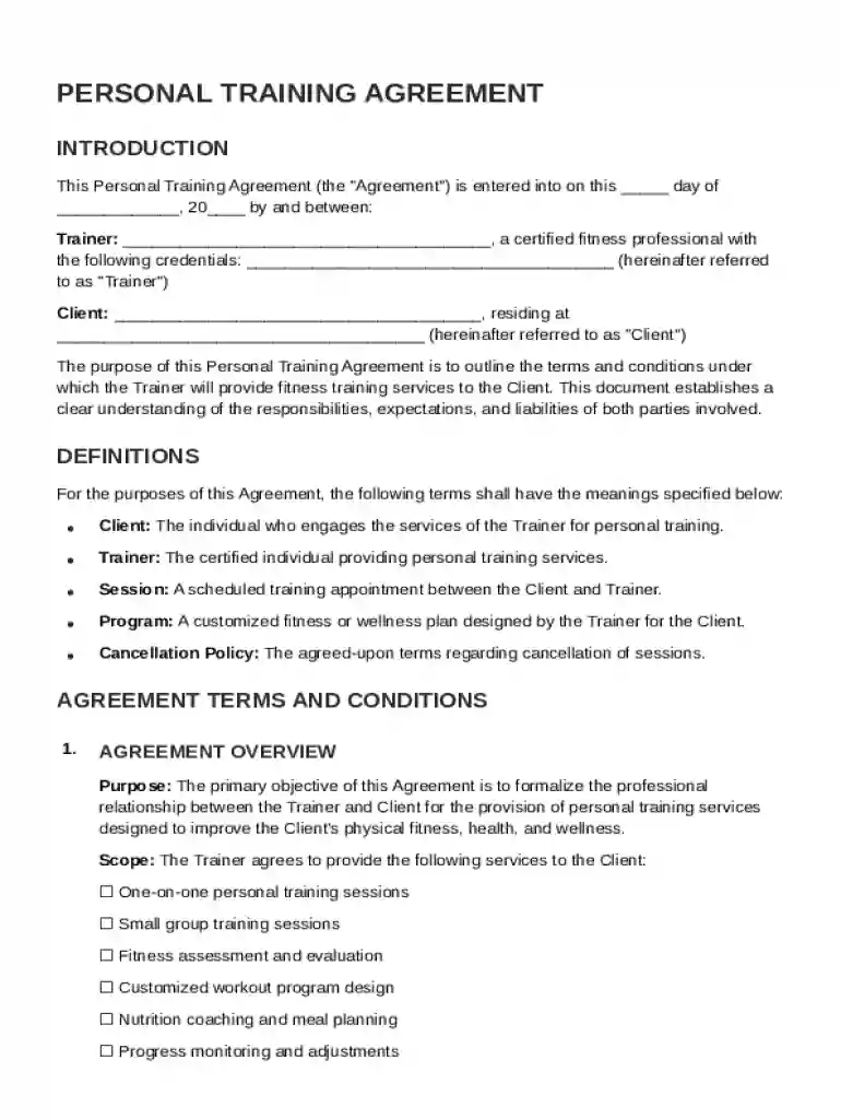 Personal Training Agreement Template Preview on Page 1