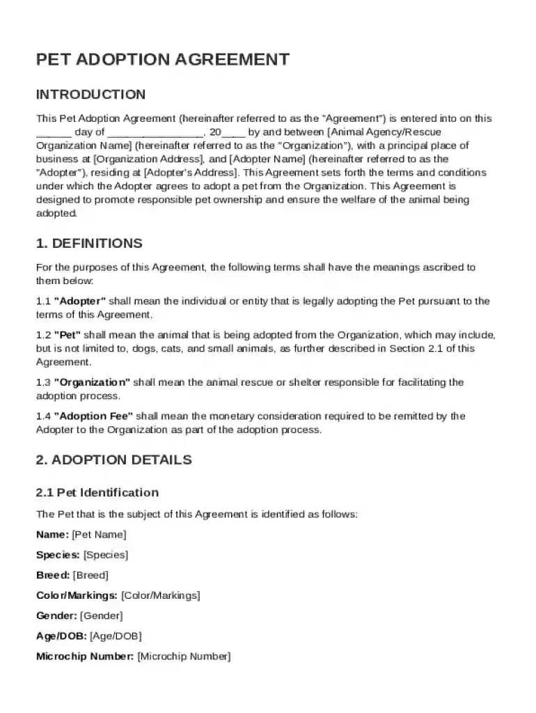 Pet Adoption Agreement Template Preview on Page 1