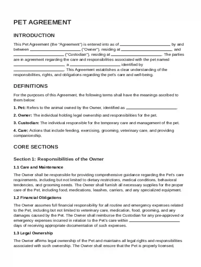 Pet Agreement Template Preview on Page 1