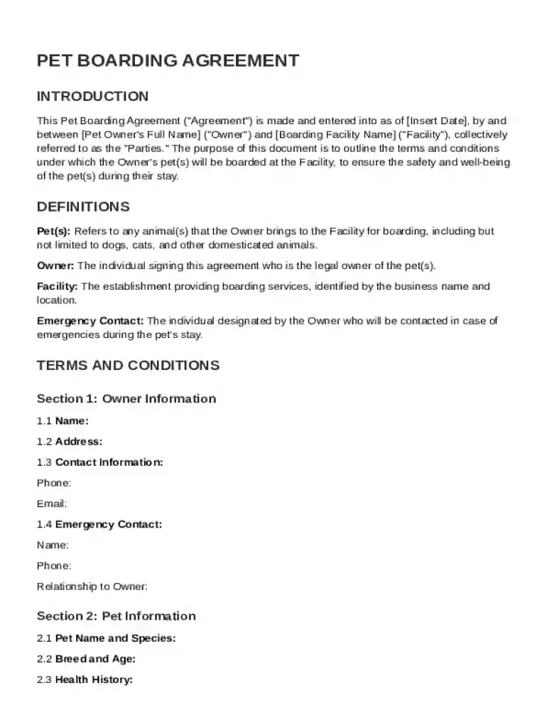 Pet Boarding Agreement Template Preview on Page 1