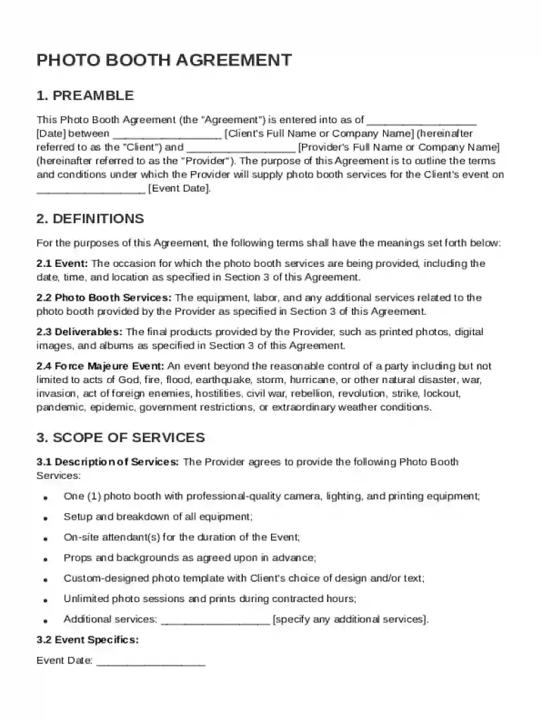 Photo Booth Agreement Template Preview on Page 1