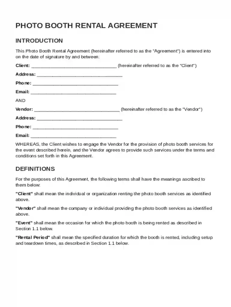 Photo Booth Rental Agreement Template Preview on Page 1