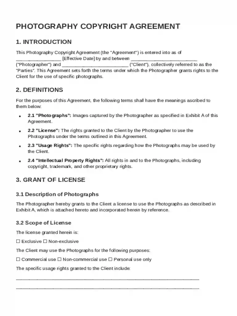 Photography Copyright Agreement Template Preview on Page 1