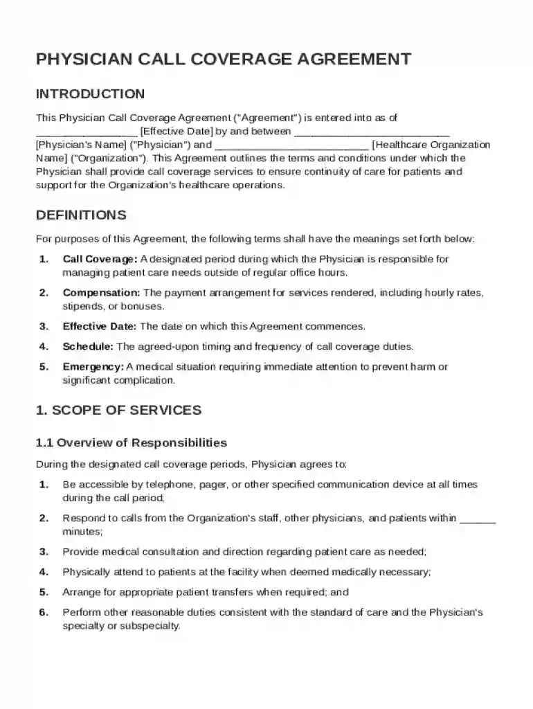 Physician Call Coverage Agreement Template Preview on Page 1