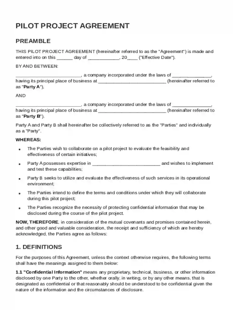Pilot Project Agreement Template Preview on Page 1