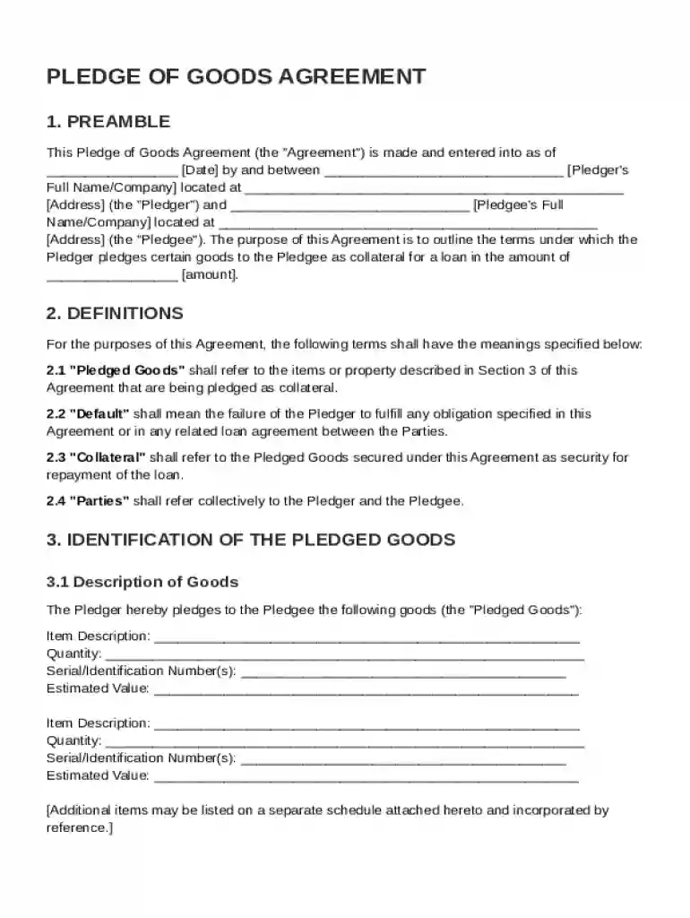 Pledge of Goods Agreement Template Preview on Page 1