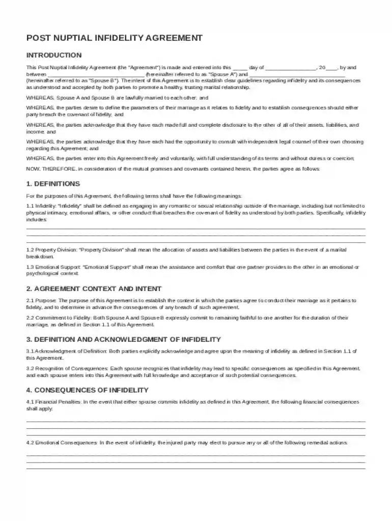 Post Nuptial Infidelity Agreement Template Preview on Page 1