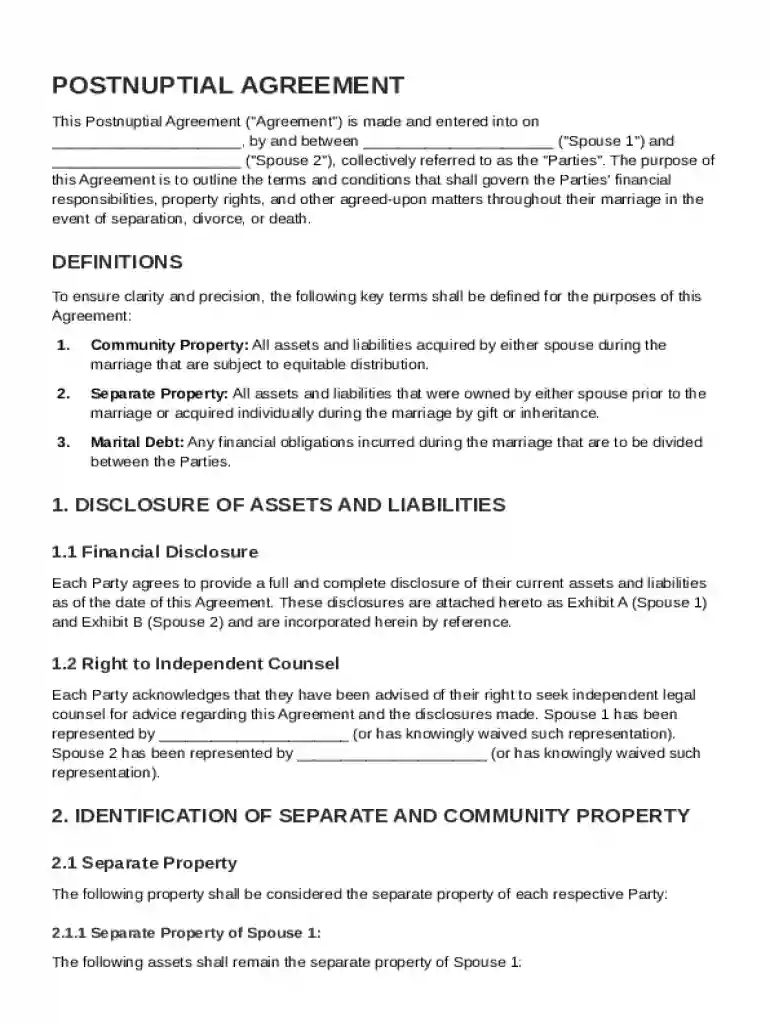 Postnuptial Agreement Template Preview on Page 1