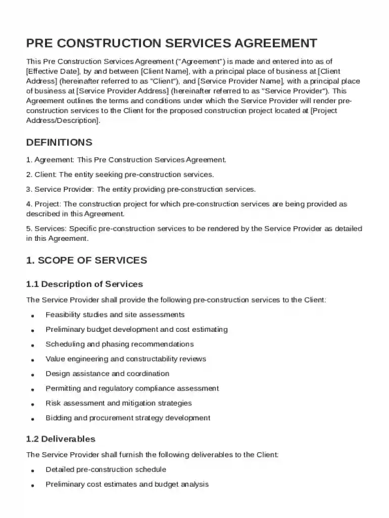 Pre Construction Service Agreement Template Preview on Page 1