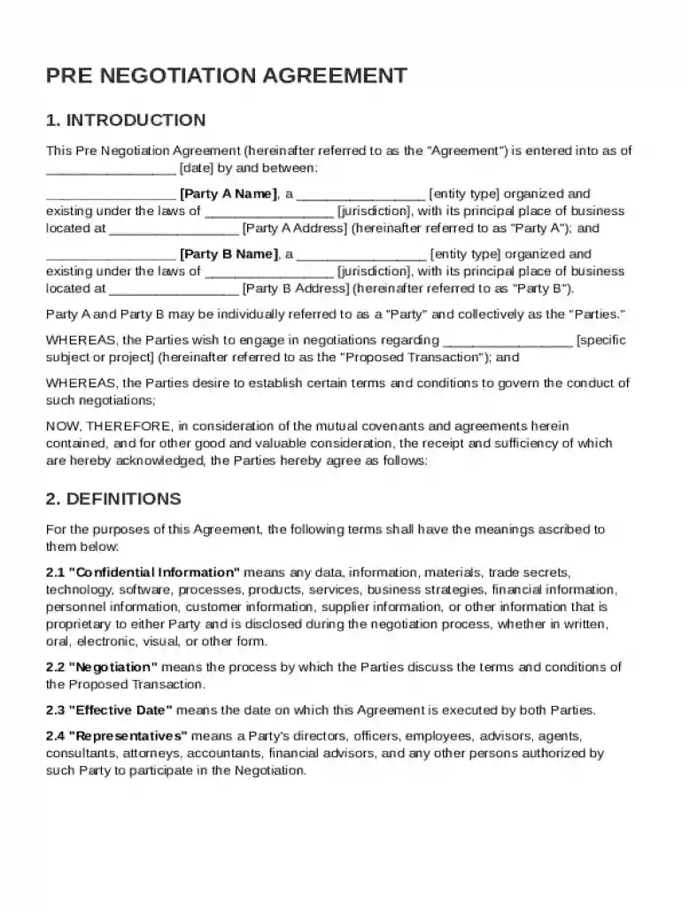 Pre Negotiation Agreement Template Preview on Page 1