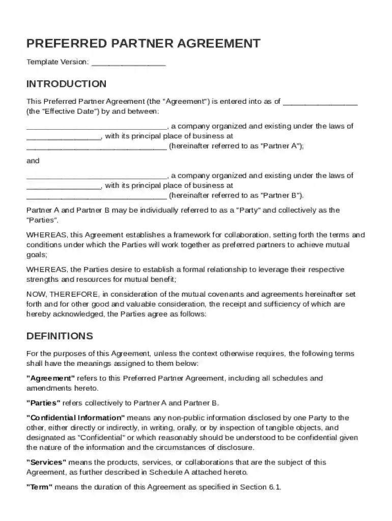 Preferred Partner Agreement Template Preview on Page 1