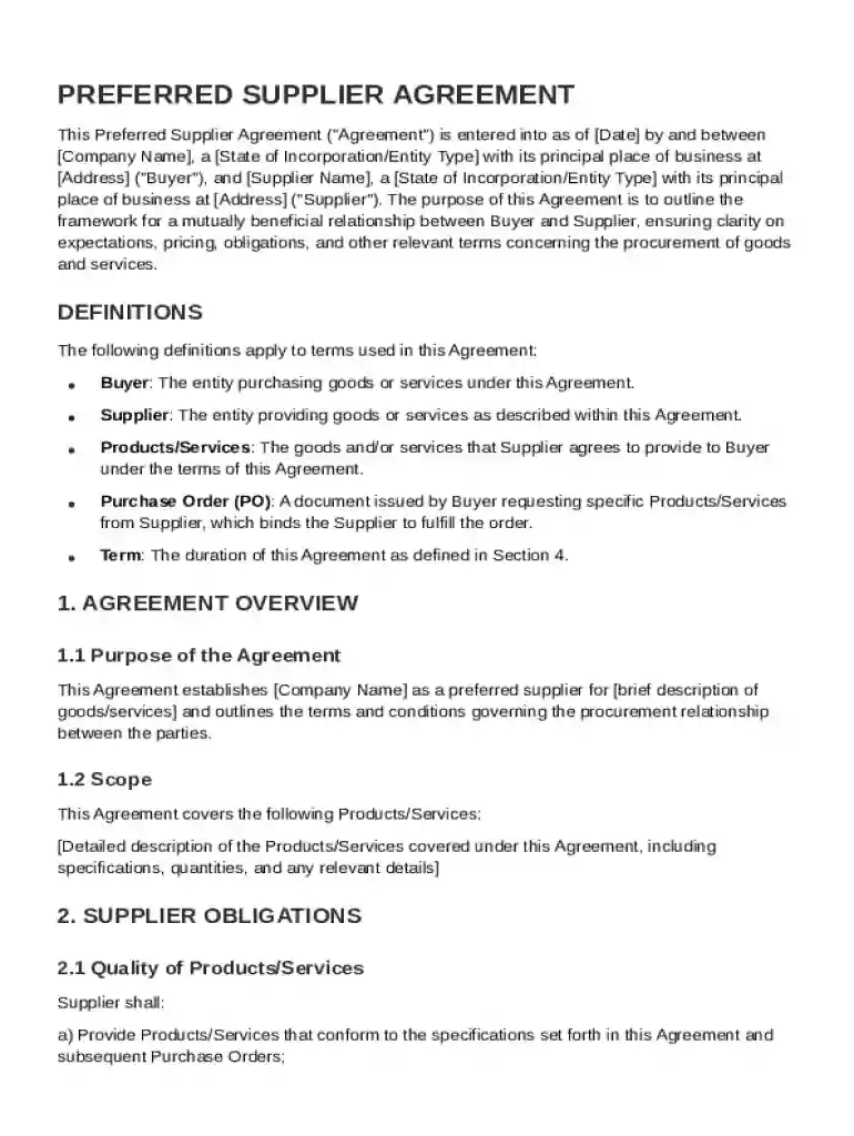 Preferred Supplier Agreement Template Preview on Page 1