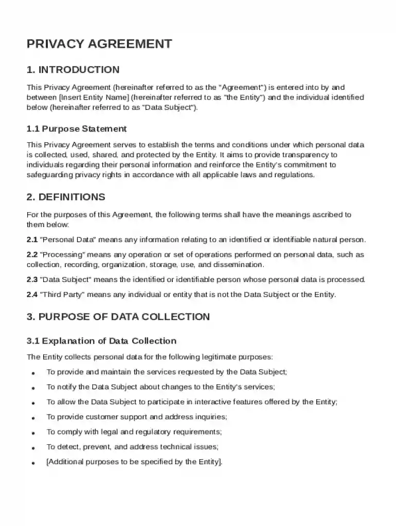 Privacy Agreement Template Preview on Page 1