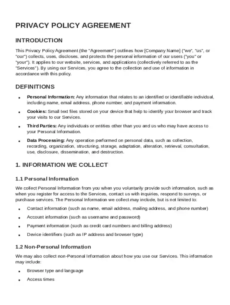 Privacy Policy Agreement Template Preview on Page 1