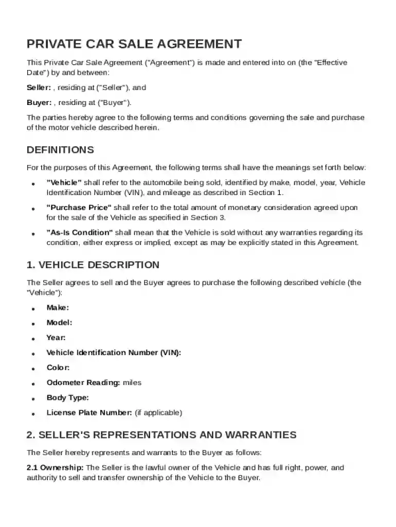 Private Car Sale Agreement Template Preview on Page 1