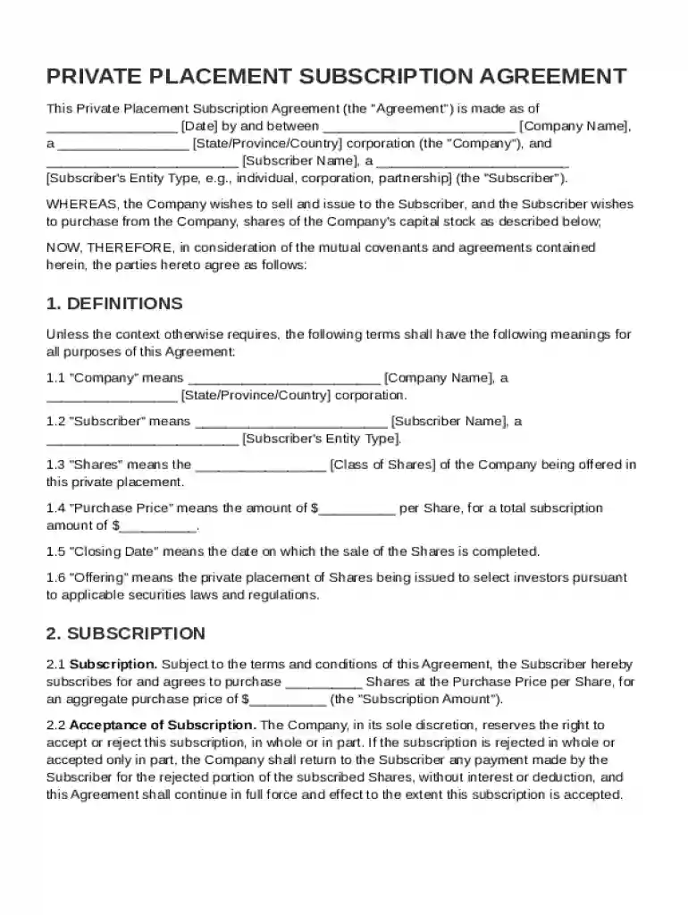 Private Placement Subscription Agreement Template Preview on Page 1