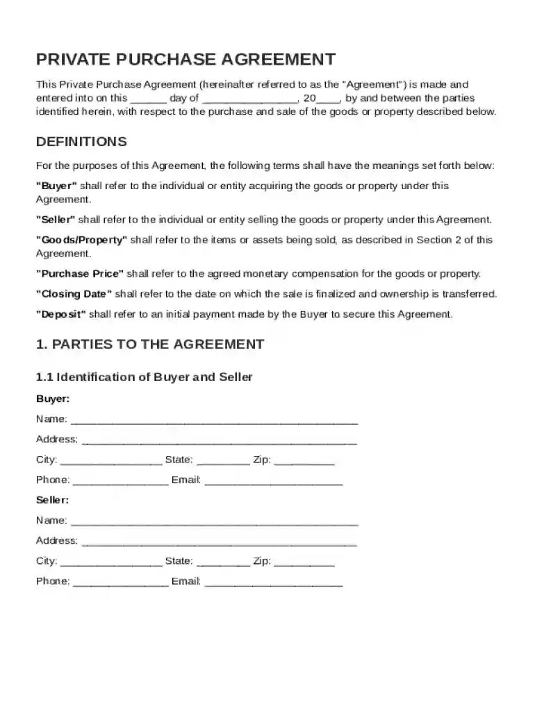 Private Purchase Agreement Template Preview on Page 1
