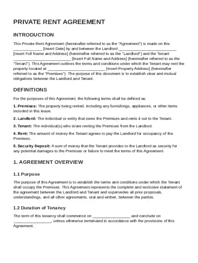 Private Rent Agreement Template Preview on Page 1