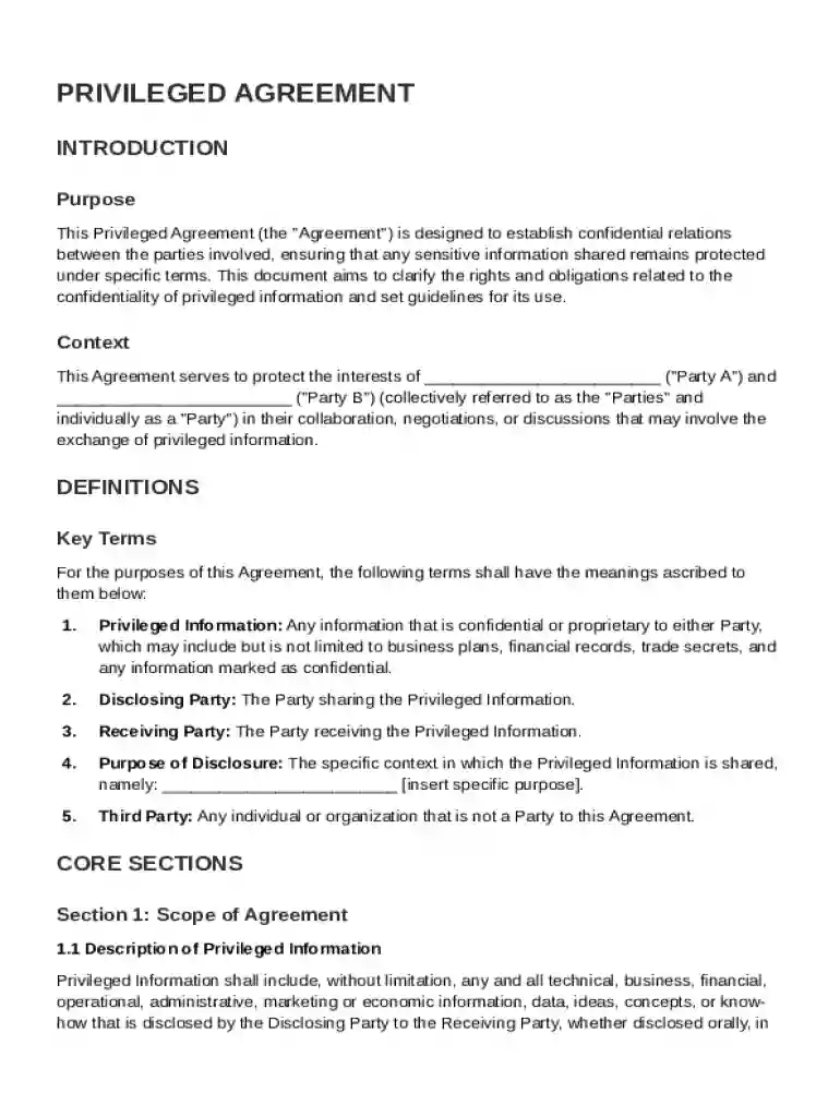 Privilegedr Agreement Template Preview on Page 1