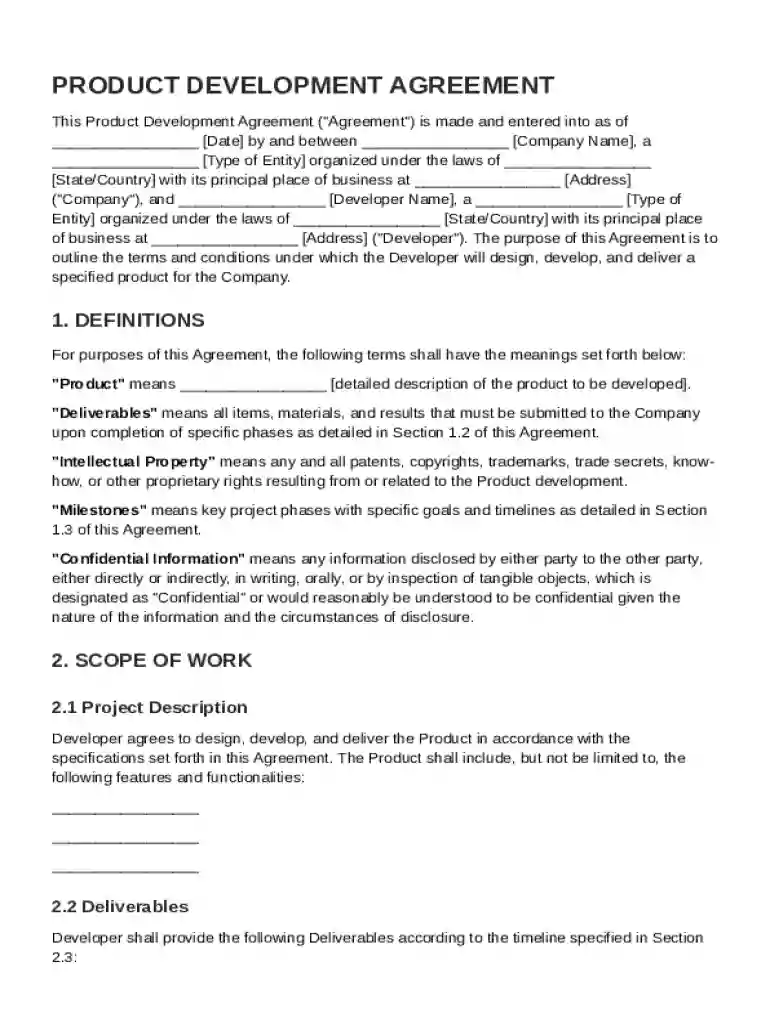 Product Development Agreement Template Preview on Page 1