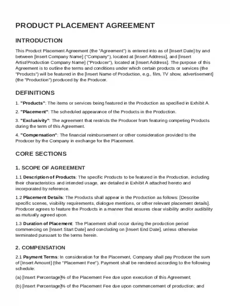Product Placement Agreement Template Preview on Page 1